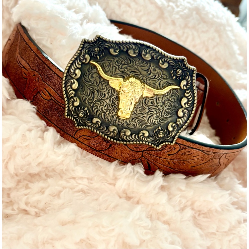 Western-Cowboy-Belt Vintage Gold Bull Head Buckle Tooled Brown Leather -Small